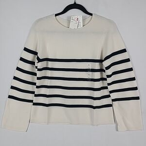 NWT UNIQLO Women’s White Black Stripe 3D Knit Cotton Crewneck Sweater Sz S